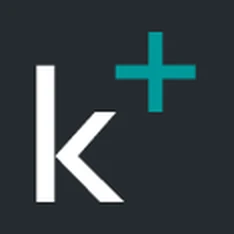 Monogramme k+ de Khiplus de 2016 : un k blanc et une croix turquoise sur fond sombre.